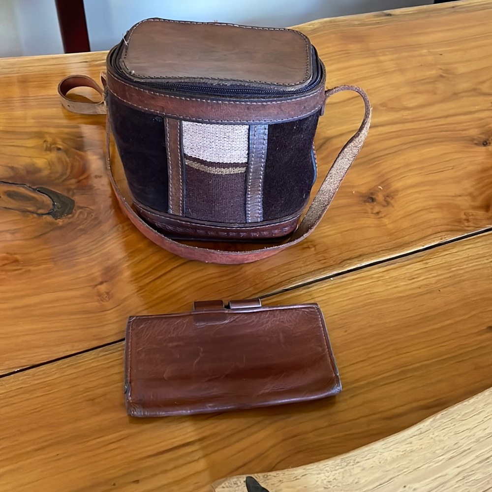 Vintage Bolivian Inca leather-suede purse W/tapestry Zipper pocket crossbody.